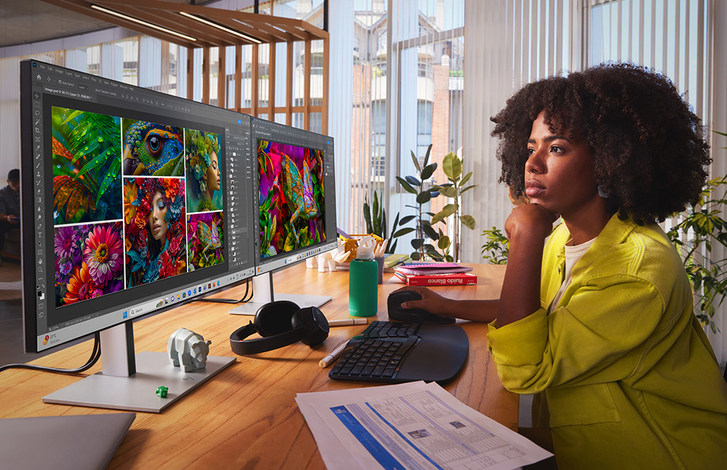 person working using dual hp monitor and poly accessories in home office