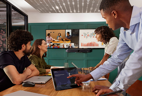 people meeting online in a conference room