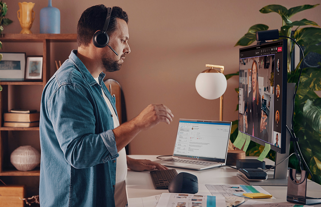 person working from home using poly gears