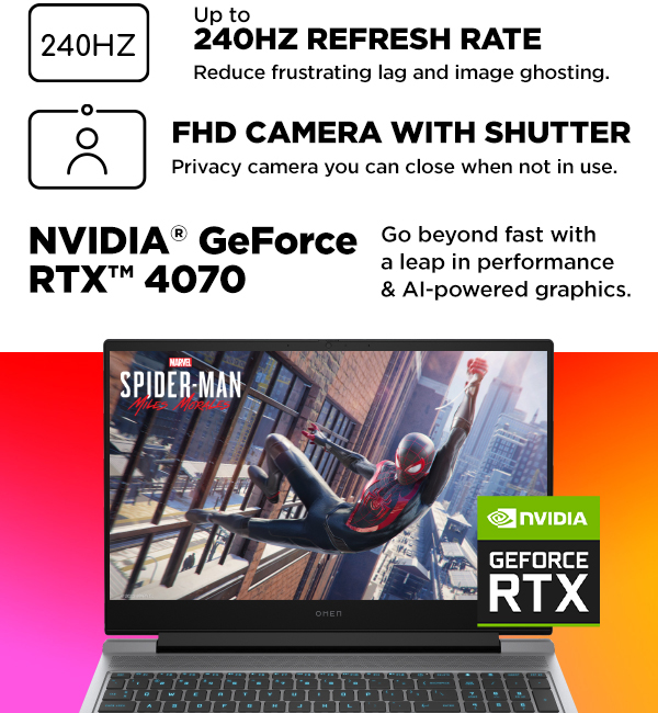 OMEN 16 Gaming Laptop, FHD camera with shutter, up to 240HZ refresh rate, and NVIDIA GeForce RTX 4070