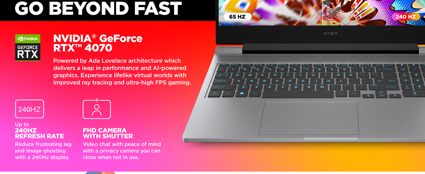 OMEN 16 Gaming Laptop, FHD camera with shutter, up to 240HZ refresh rate, and NVIDIA GeForce RTX 4070