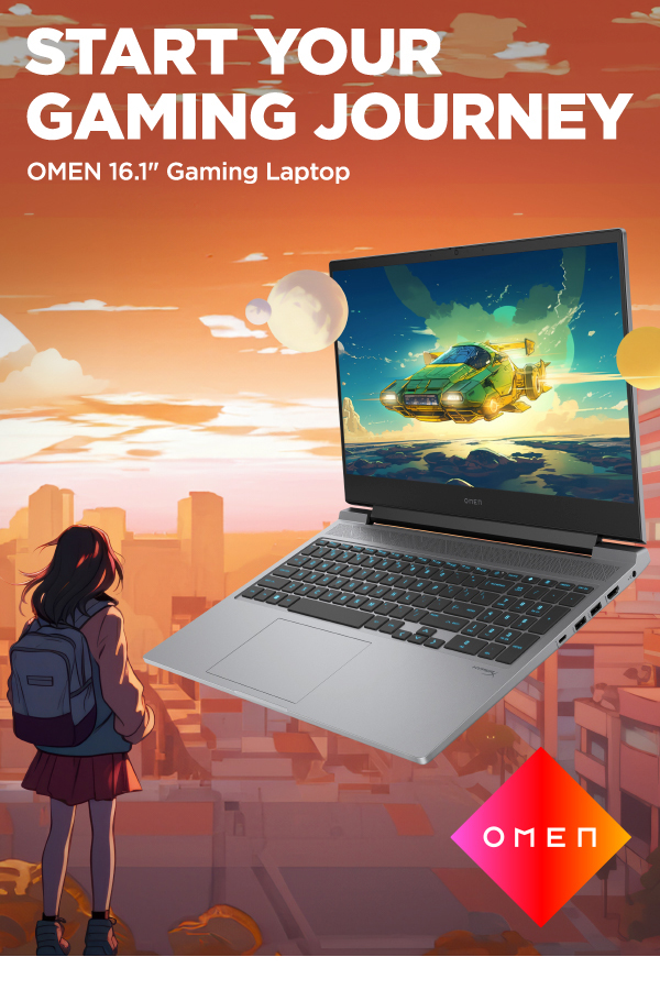 Cyberpunk illustration showing a real view of VICTUS 16 Gaming Laptop
