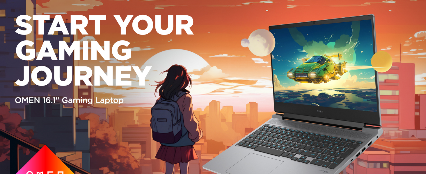 Cyberpunk illustration showing a real view of OMEN 16 Gaming Laptop
